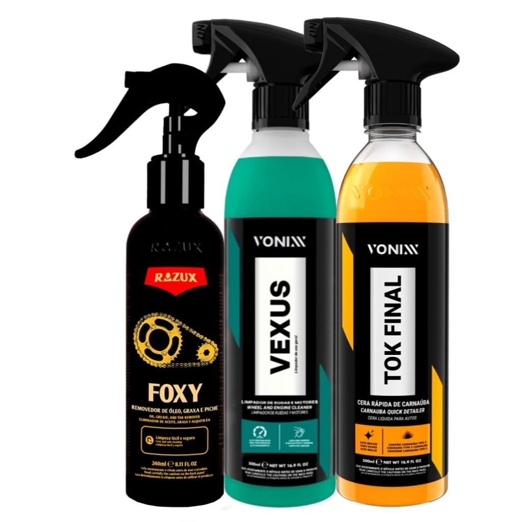 Kit Limpeza Pesada Vonixx: Vexus Limpa Motores 500ml, Foxy Limpador Corrente 240ml e Tok Final Carnaúba 500ml