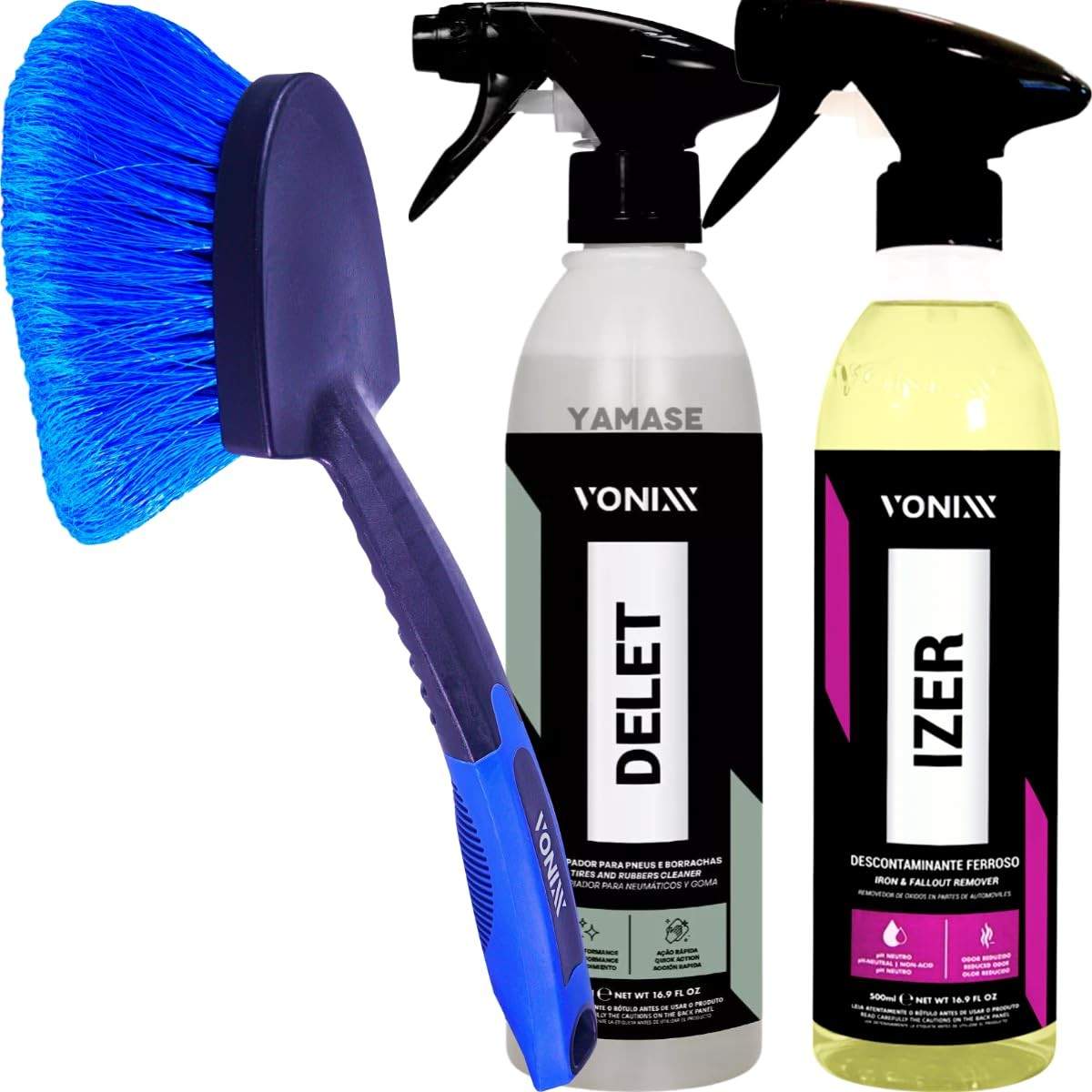 Kit Limpeza Completa Vonixx: Delet Limpa Pneu 500ml, Izer Limpa Rodas e Escova Média
