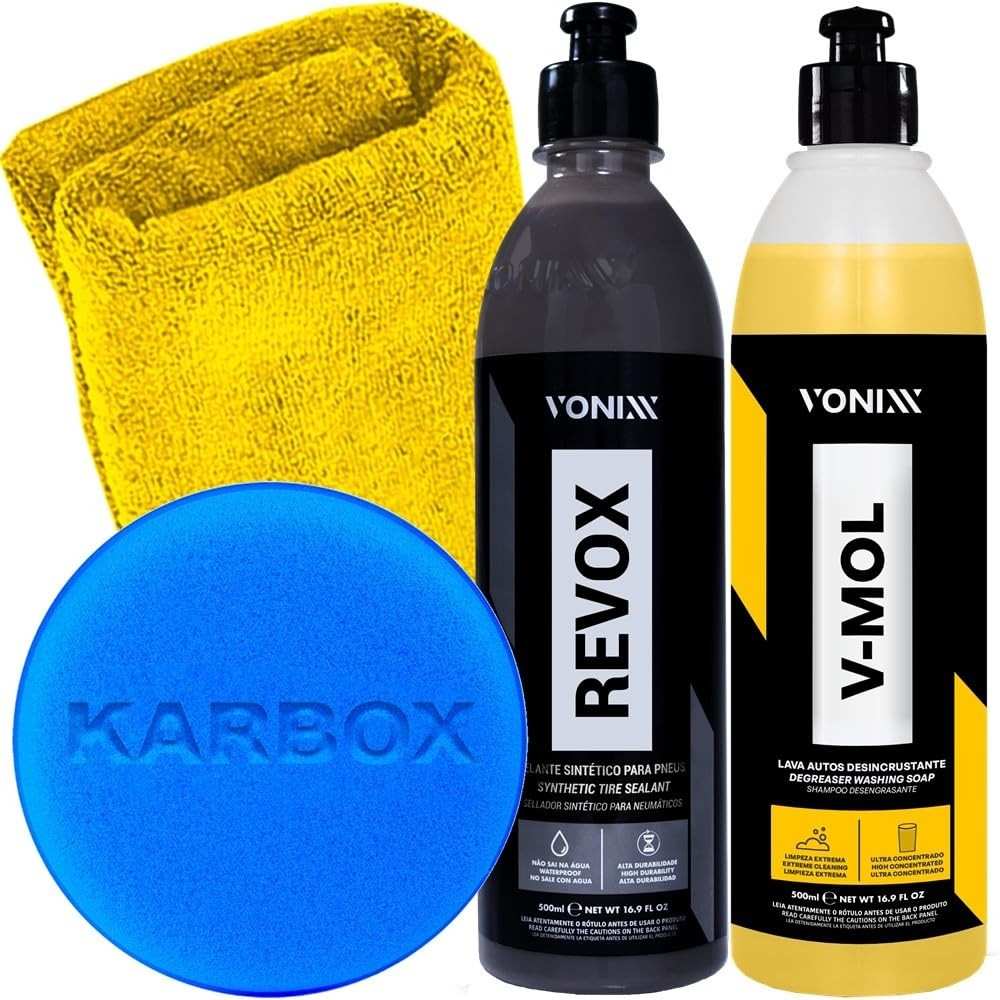 Kit Essencial Vonixx: V-Mol 500ml, Revox 500ml e Acessórios Karbox para Detalhamento Automotivo Completo
