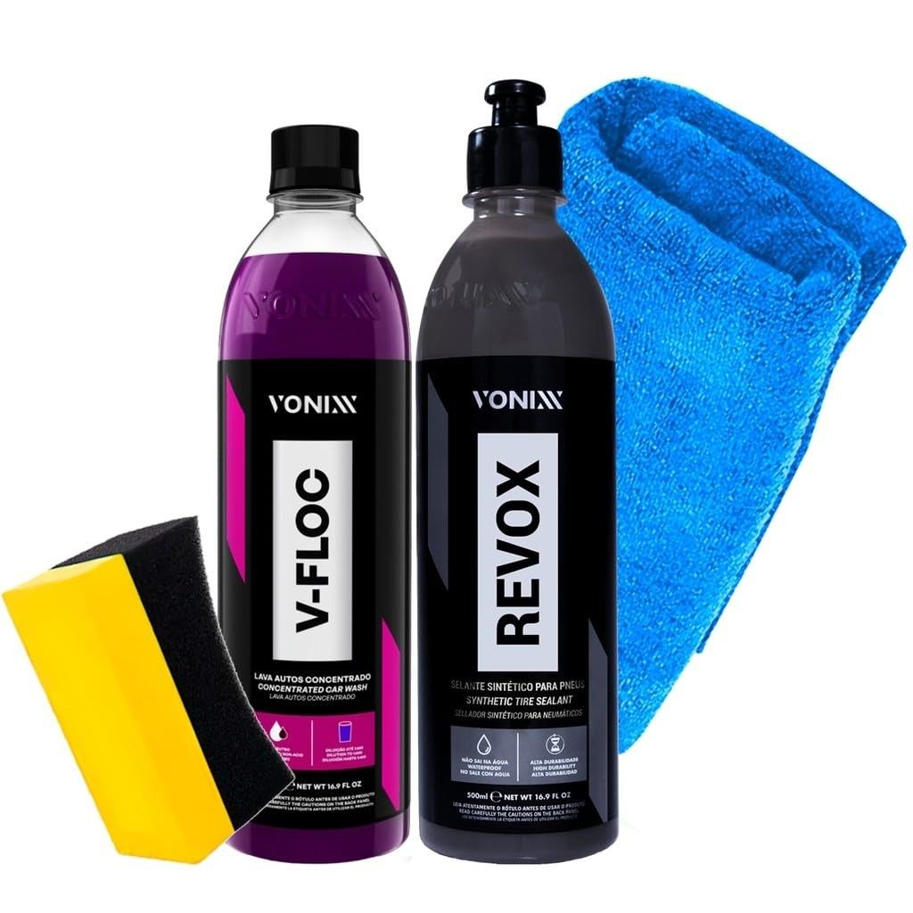 Kit Essencial Vonixx: Shampoo V-Floc 500ml, Revox 500ml e Acessórios Karbox para Detalhamento Automotivo