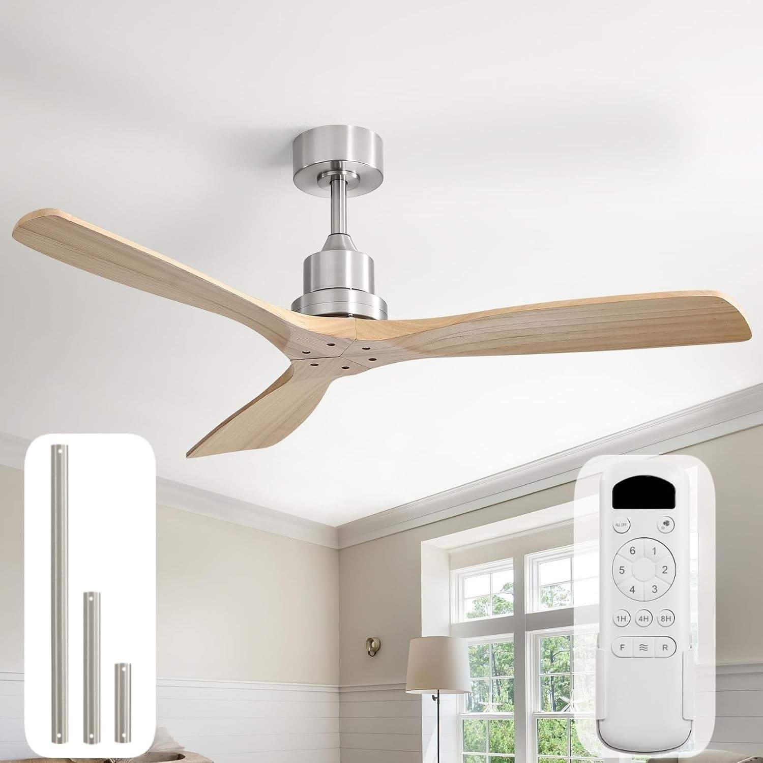 Ventilador de Teto Sofucor 52" com Controle Remoto | 3 Lâminas de Madeira Esculpida | Silencioso e Moderno para Casa e Ambientes Externos
