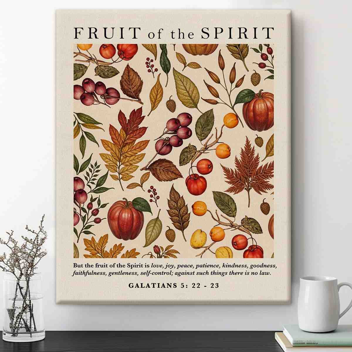 Fruit of the Spirit - Arte de Parede Cristã com Versículo Gálatas 5:22 | Tela emoldurada 20x25cm