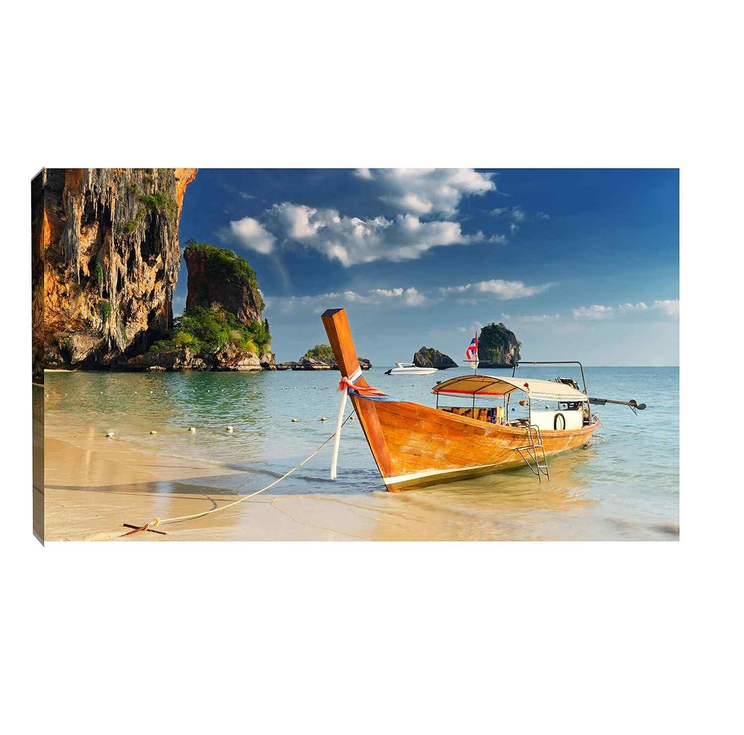 Quadro Decorativo Praia com Barco no Mar - 55x100cm | Decore Ambientes com Estilo Náutico