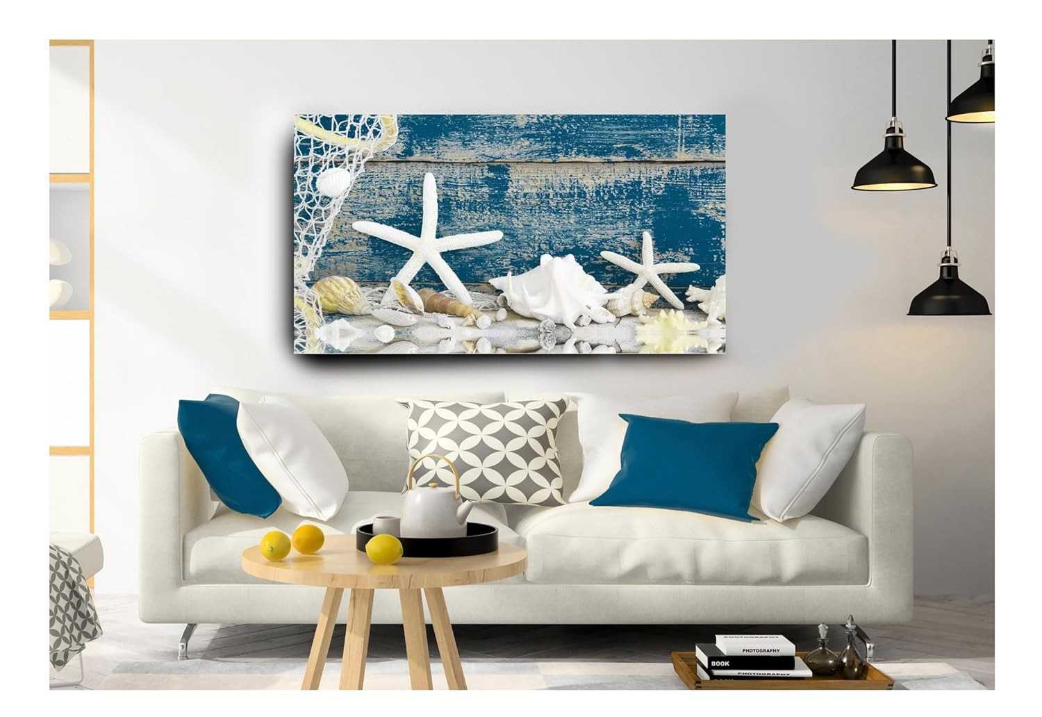 Quadro Decorativo Náutico Azul Marinho 55x100cm - Estrelas e Conchas para Ambientes Inspiradores