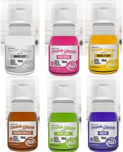 Corante Comestível Líquido Para Bolos, Biscoito, Pães, Recheios Kit 6 Potes Mix
