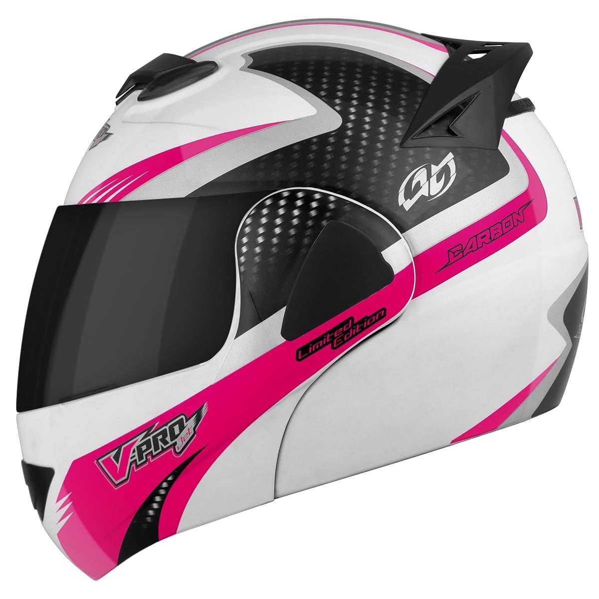 Capacete Pro Tork V-Pro Jet 2 Carbono Escamoteável - Branco/Rosa Tam. 60 c/ Viseira Fumê