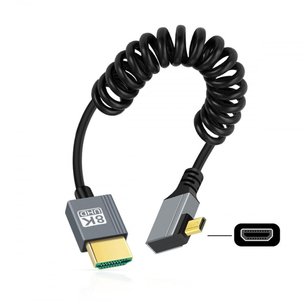 Cabo Micro HDMI 2.1 CY: Conexão 8K 60Hz, Ângulo Reto 90°, Enrolado e Esticável para Câmeras, HDTVs e Laptops