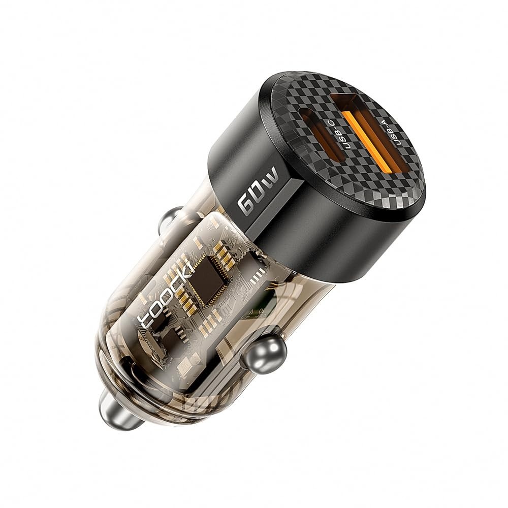 Carregador Veicular Toocki 60W USB-C + USB-A: Carregamento Turbo PD 30W e QC 3.0