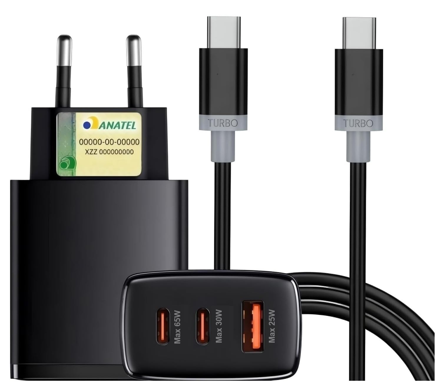 Carregador Turbo 65W 3 Portas (2 USB-C 65W/30W + 1 USB-A 25W) + Cabo 1m: Carregamento Rápido Universal