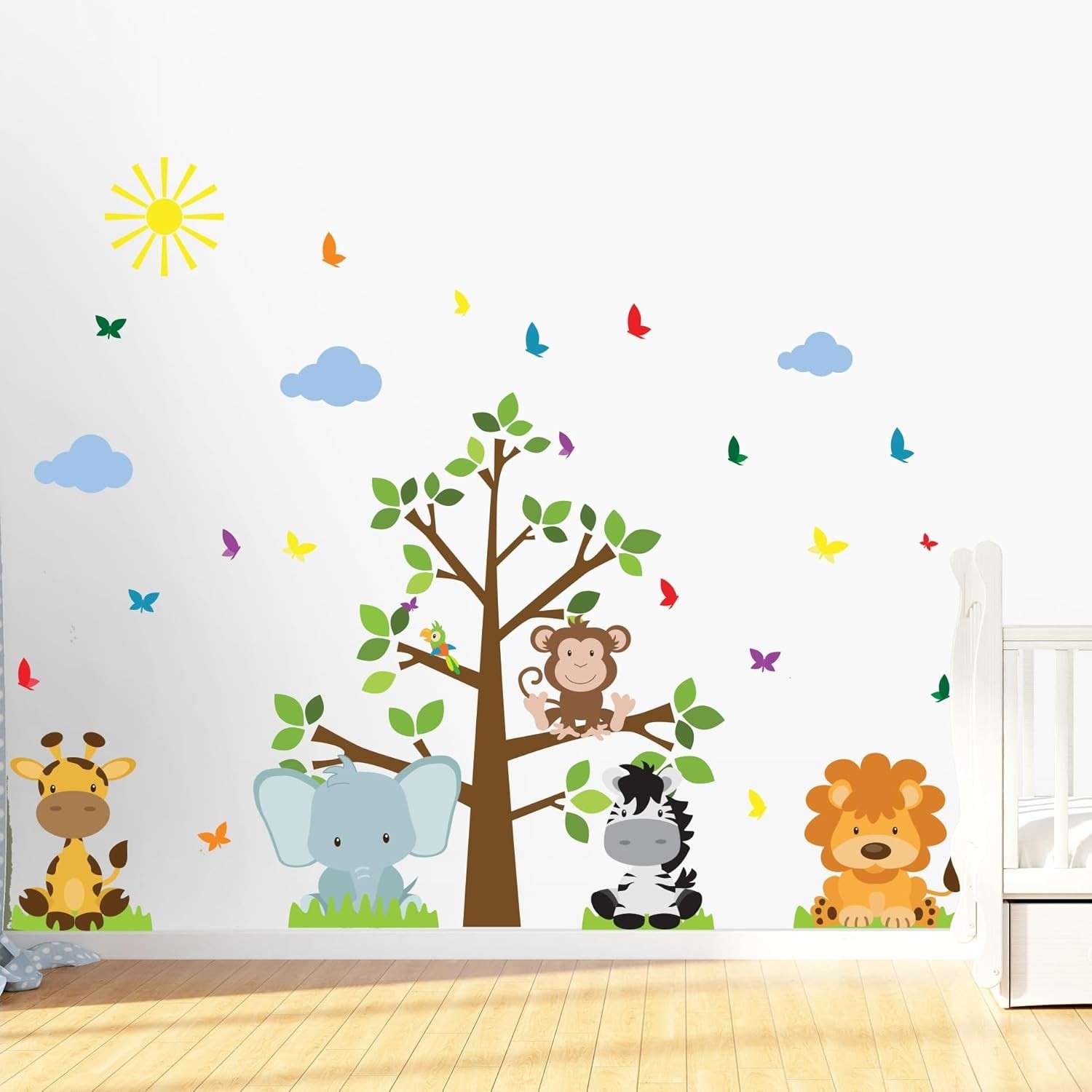 Adesivo de Parede Infantil Árvore Safari com Nuvens Azul - 66 Peças para Decoração Criativa