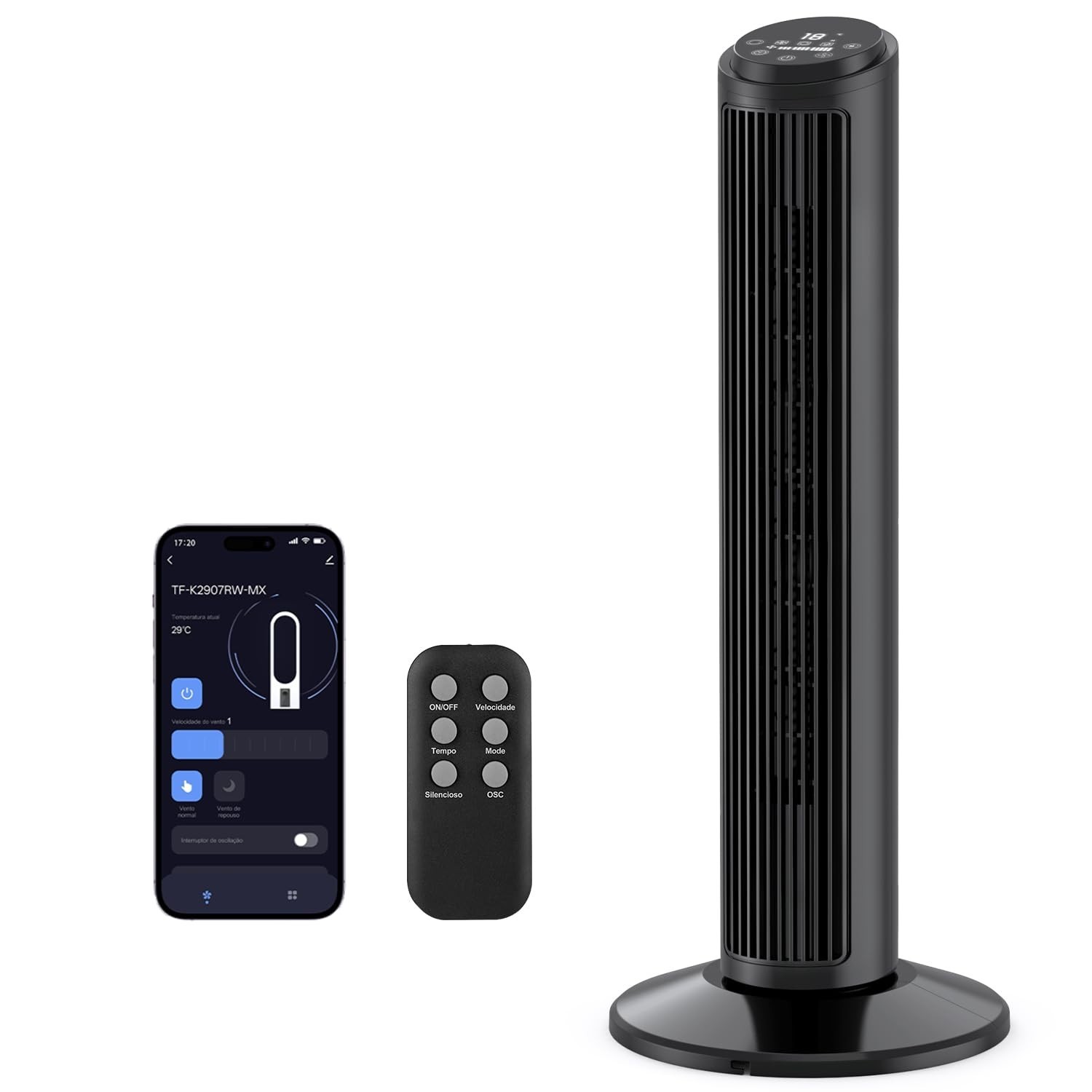 Ventilador de Torre Inteligente Hivento com Controle por App, 6,2 m/s, Oscilação 70°, 3 Velocidades, 110V