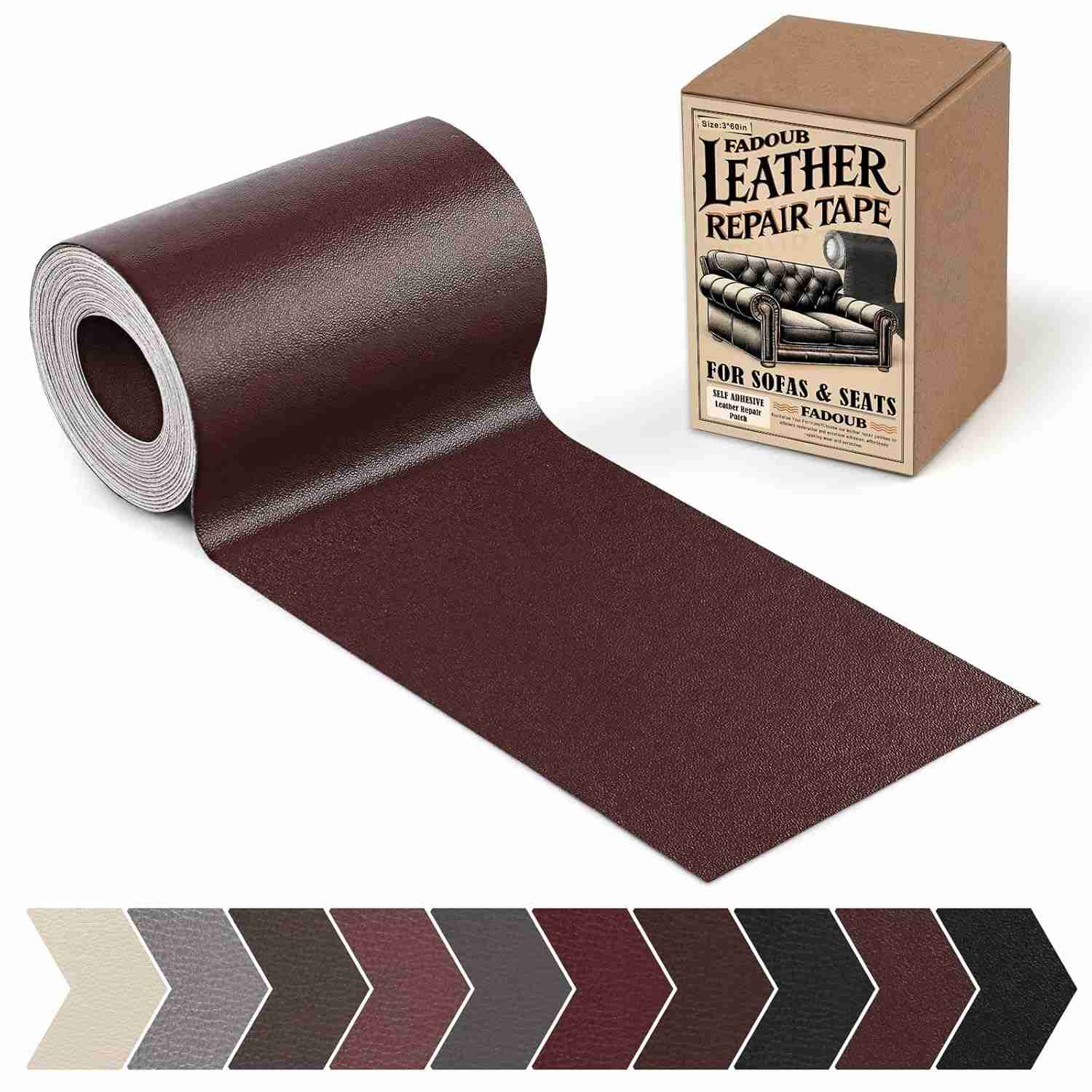 Fadoub Patch de Reparo de Couro Premium - Kit Autoadesivo 7,5x152cm para Sofás, Carros e Móveis (Marrom Escuro)