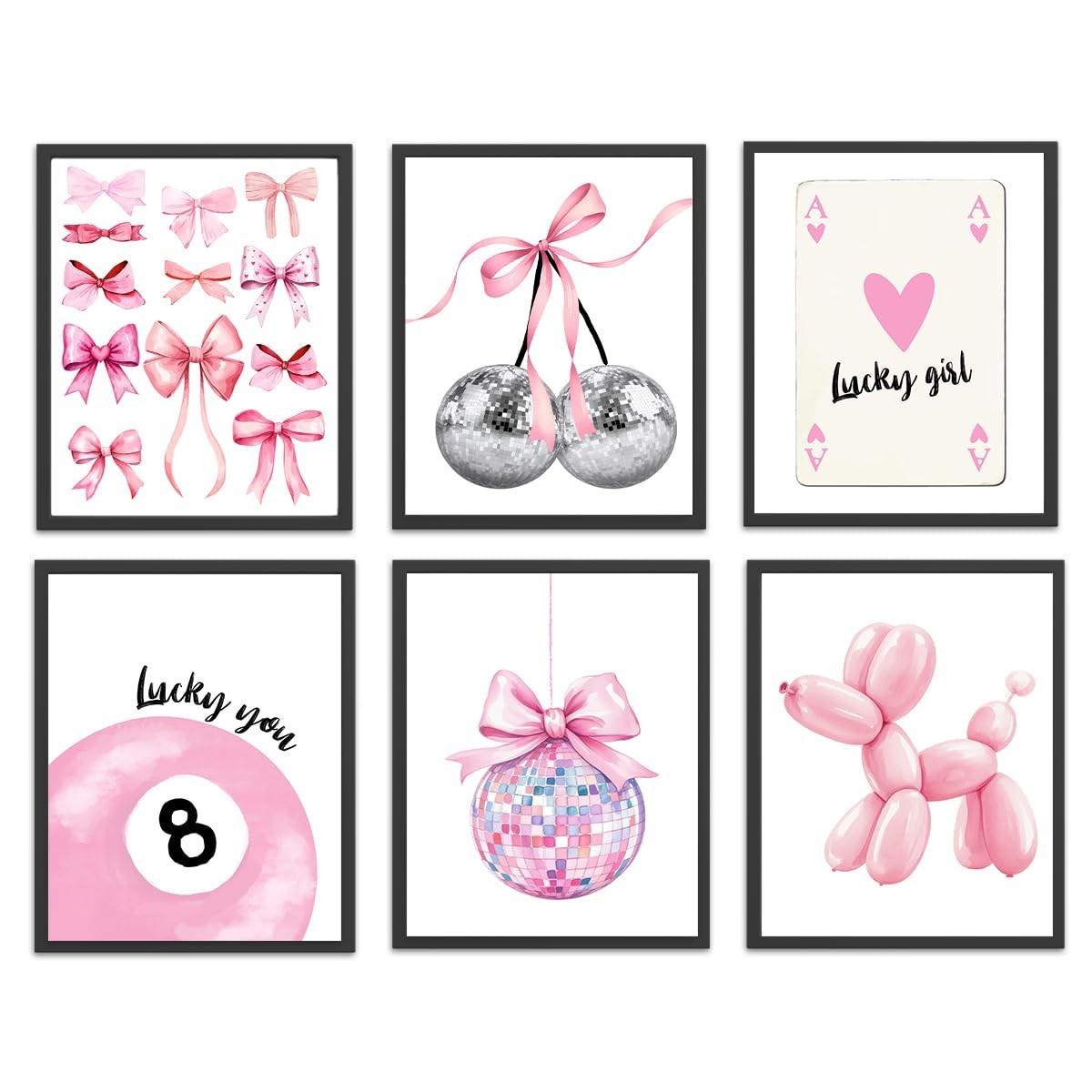 Pôsteres Estéticos Coquette para Quarto - Rosa Disco 8 Bolas, 6 Peças 20x25cm, Decoração Moderna para Adolescentes e Dormitórios