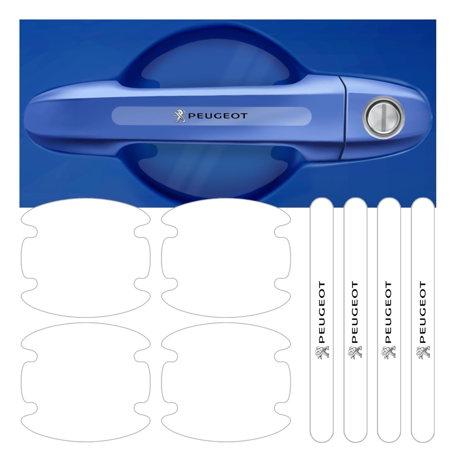 Kit 8 Adesivos Protetores de Maçaneta Peugeot Transparentes e Brilhantes - Proteção Premium