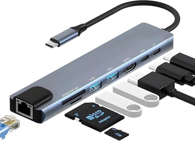Adaptador Hub 8 em 1 USB-C com HDMI 4K + VGA + RJ45 + PD 100W + 2 USB 3.0 + SD/TF - Para MacBook, Windows, Chromebook, Notebook, Tablet e Celular - Conversor Multiportas USB-C para HDMI/VGA/Ethernet