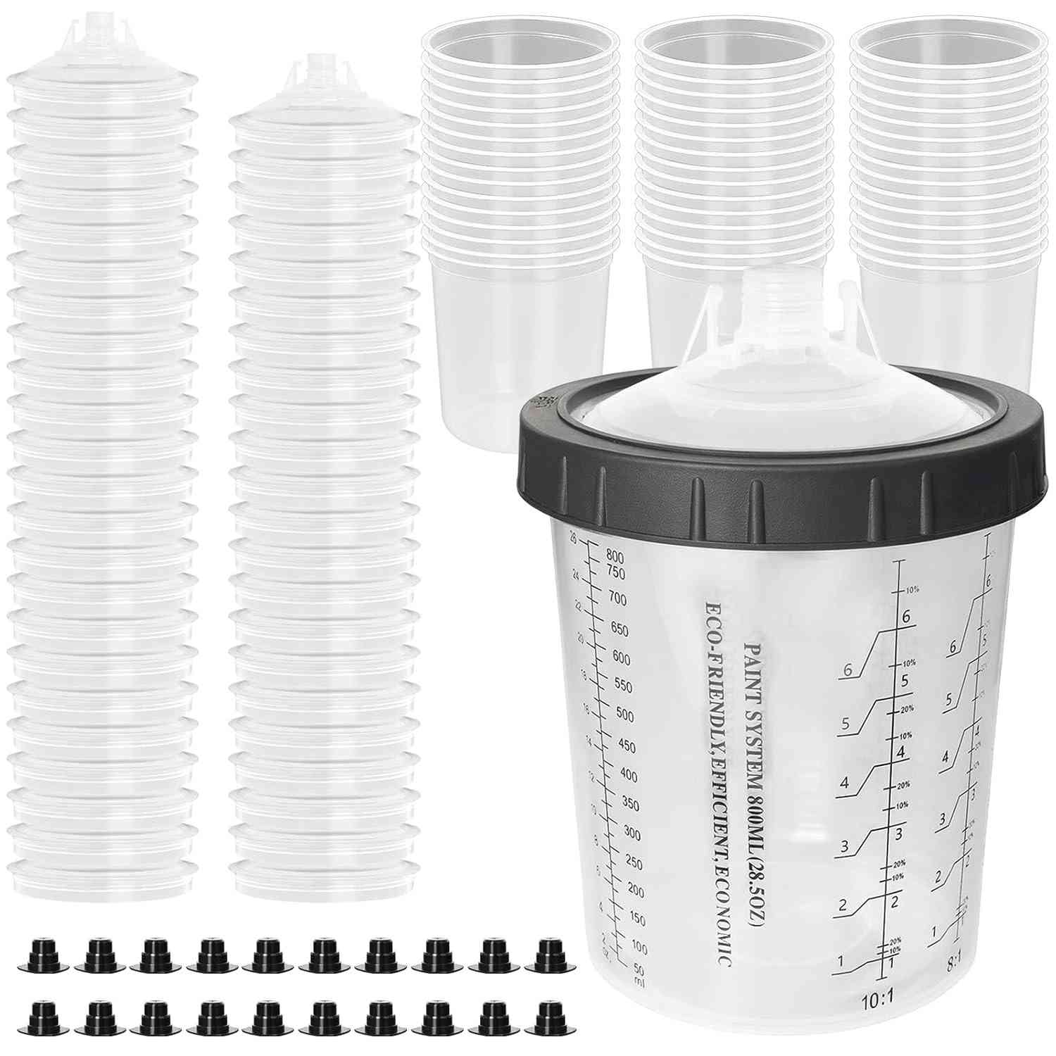 Sistema de copos de tinta descartáveis de 800 ml para pistola de pulverização automotiva HVLP e LVLP, copos de filtro de medição de mistura compatíveis com PPS com filtro de 125 mícrons, 45