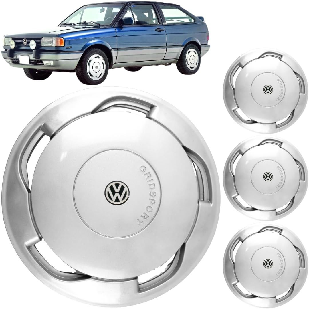 Jogo 4 Calotas Aro 14 VW Gol Voyage Saveiro G1 (87-97) Orbital Grid GR100AR com Adesivo Logo Resinado
