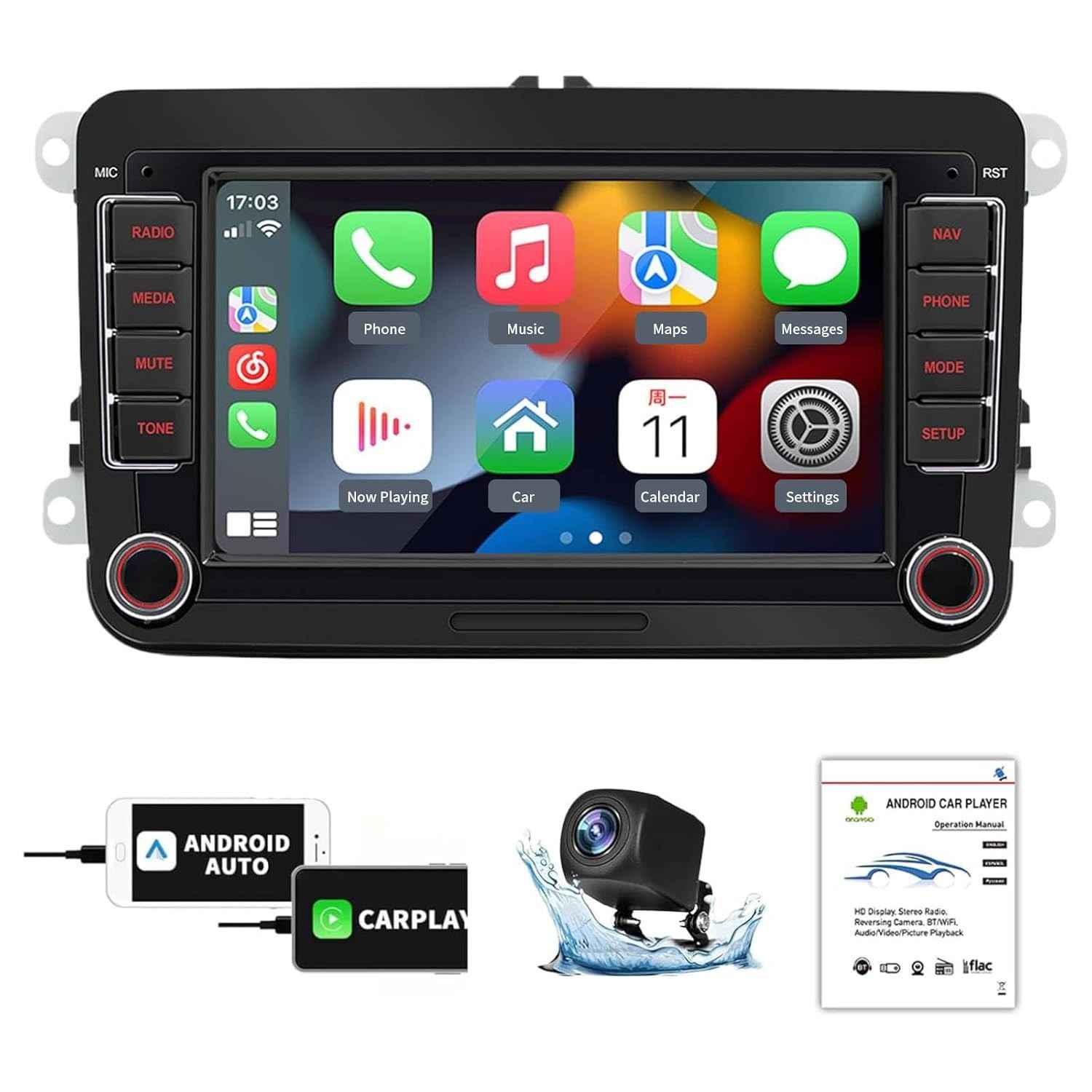 Rádio Automotivo FINYQBET W6060 7" Android/CarPlay - Câmera e Volante | Jetta, Tiguan, Golf 12V