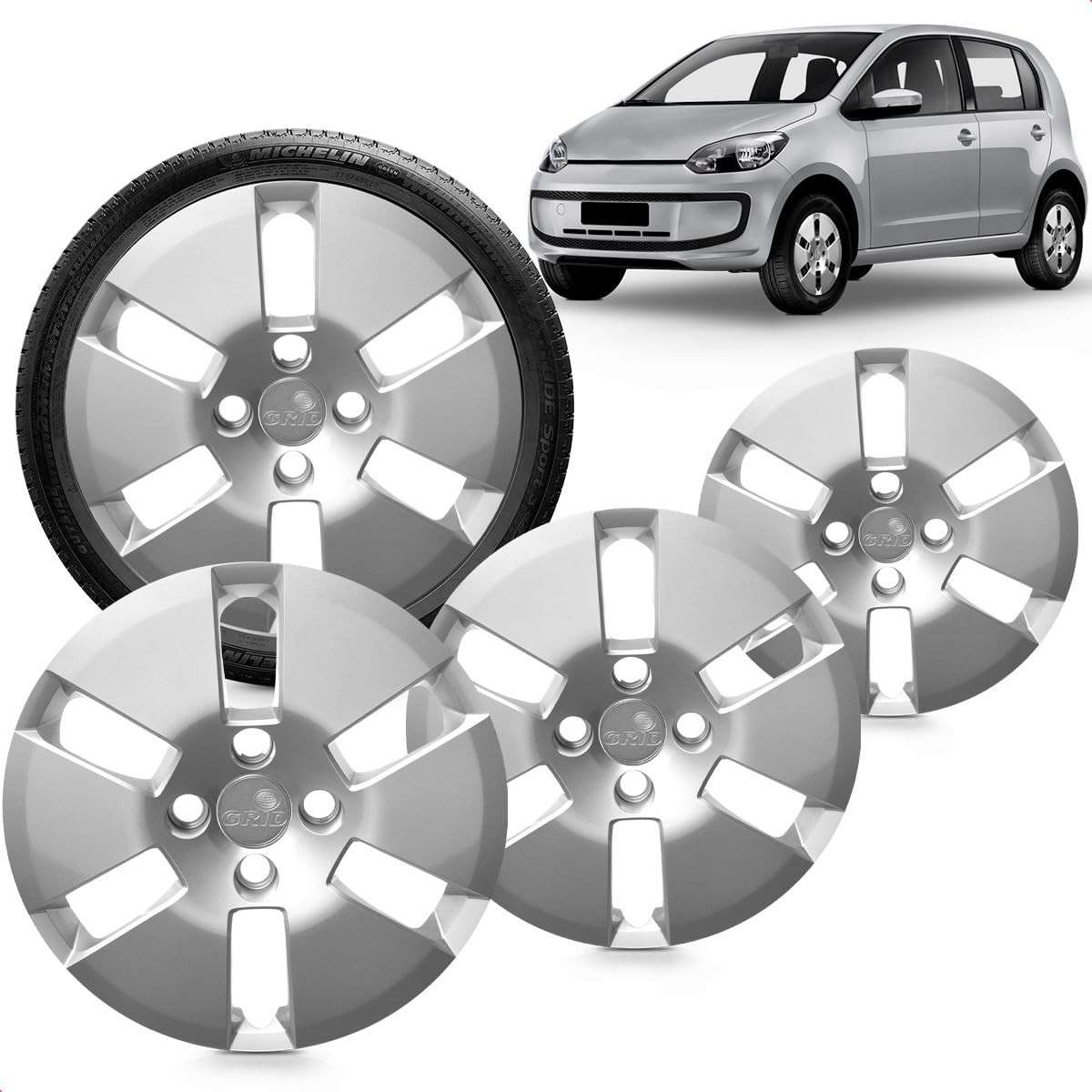 Kit 4 Calotas Aro 14 Prata Grid Cubo Baixo - Up 14 a 16
