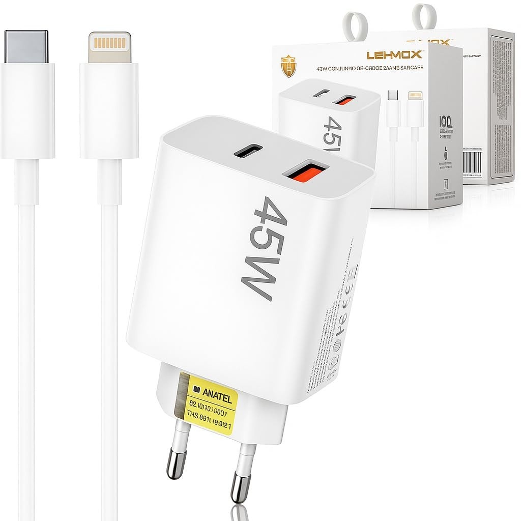 Carregador iPhone Super Turbo 45W: 2 Saídas USB-C/USB-A + Cabo Lightning Emborrachado Ultra Rápido (Certificado ANATEL)