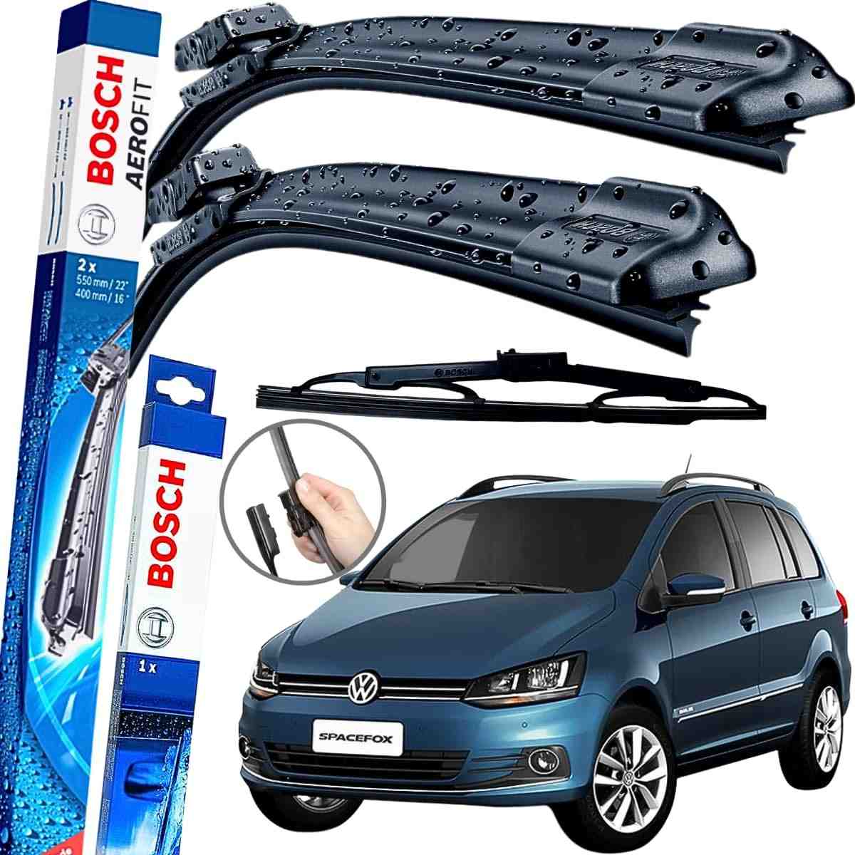 Kit Palhetas Limpador Parabrisa Bosch Aerofit Dianteiro + Traseiro para VW Spacefox (2013-2019)