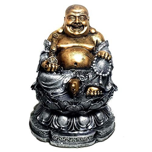 Estátua de Buda Chinês Sorridente da Riqueza com Flor de Lótus 24cm - Prosperidade e Harmonia