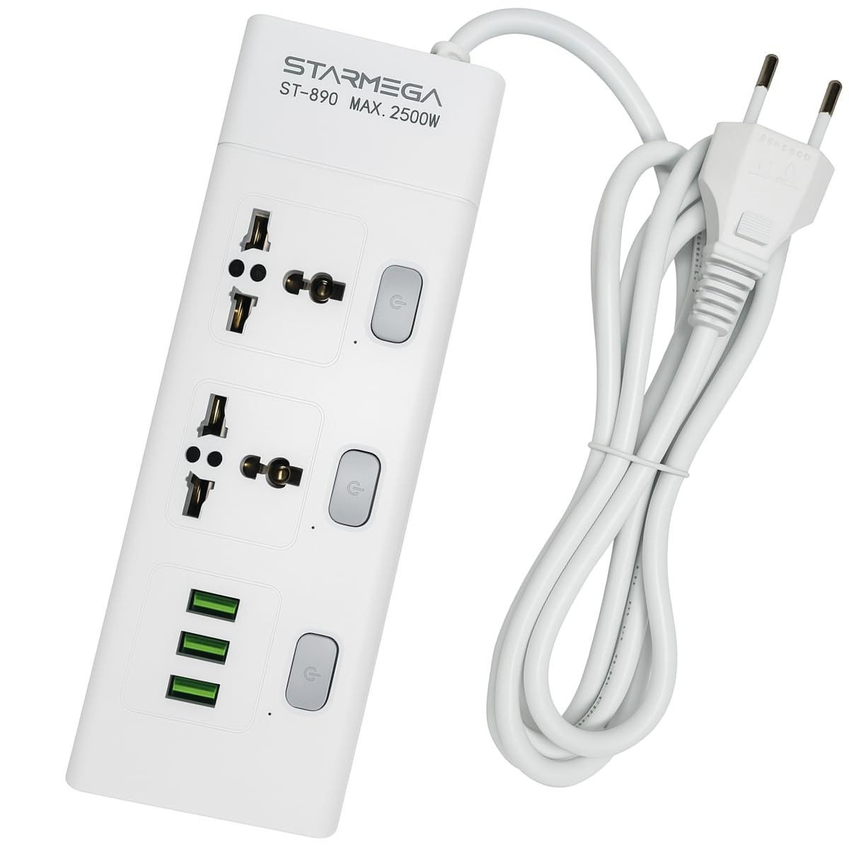 Régua de Energia Inteligente: 2 Tomadas Universais + 3 USB (1m, 2500W, Bivolt) - Branca