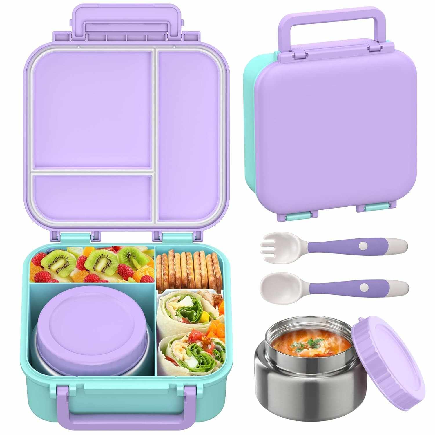 Lancheira Bento Infantil com Garrafa Térmica 255g - Compartimentos à Prova de Vazamento