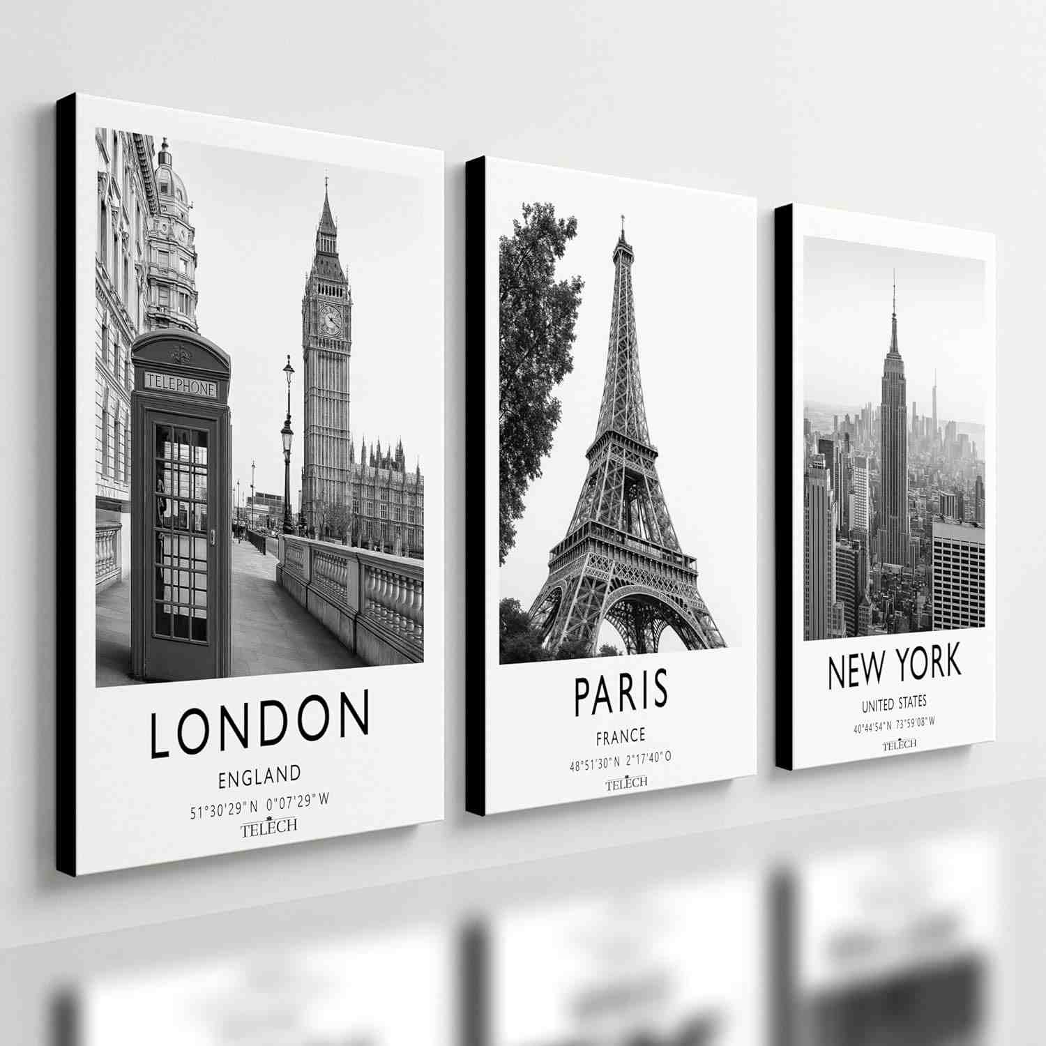 Kit 3 Quadros Decorativos Londres Paris New York - Design Premium para Quarto e Sala (28x20cm)