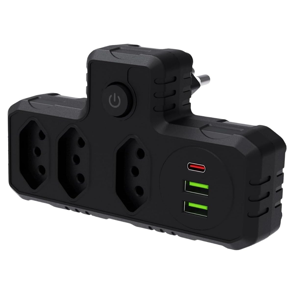 Extensão Elétrica 3 Tomadas + 3 USB (1 Tipo-C) - Régua de Energia Compacta e Adaptador Inteligente para Casa, Escritório e Viagem (Preto)