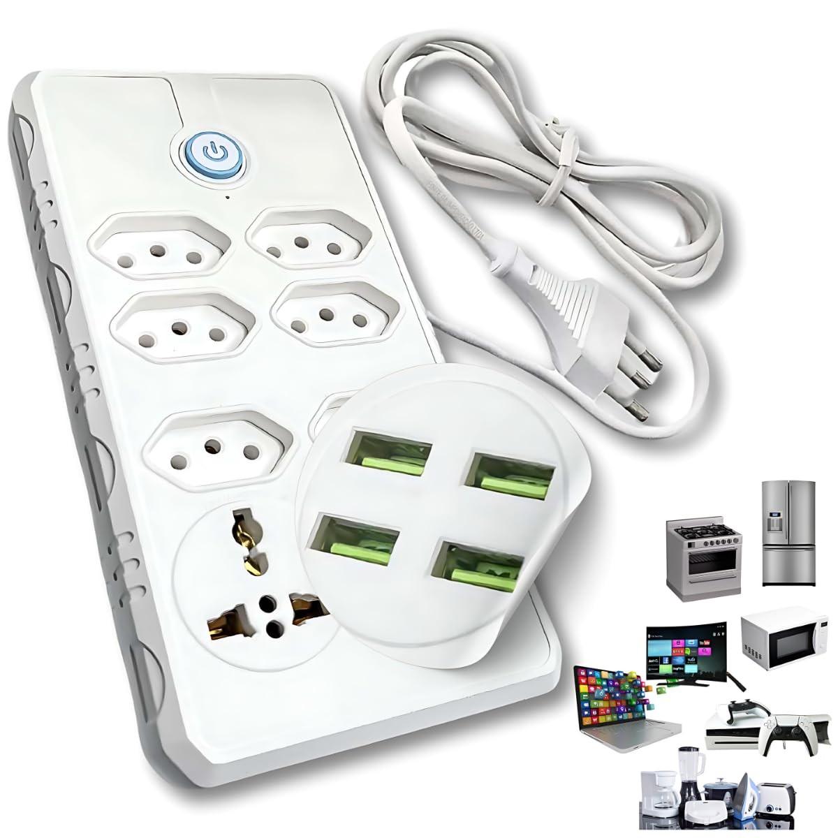 Extensão Elétrica 7 Tomadas + 4 USB: Carregamento Rápido e Proteção Bivolt