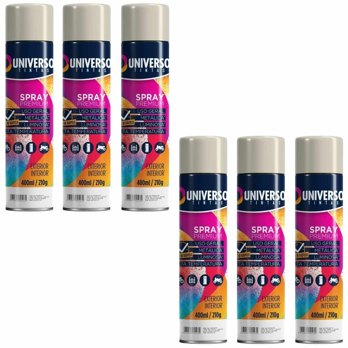 Tinta Spray 400ml Branco Brilhante Uso Geral em Aço Ferro Couro Gesso Cerâmica | Universo | Kit 06 un