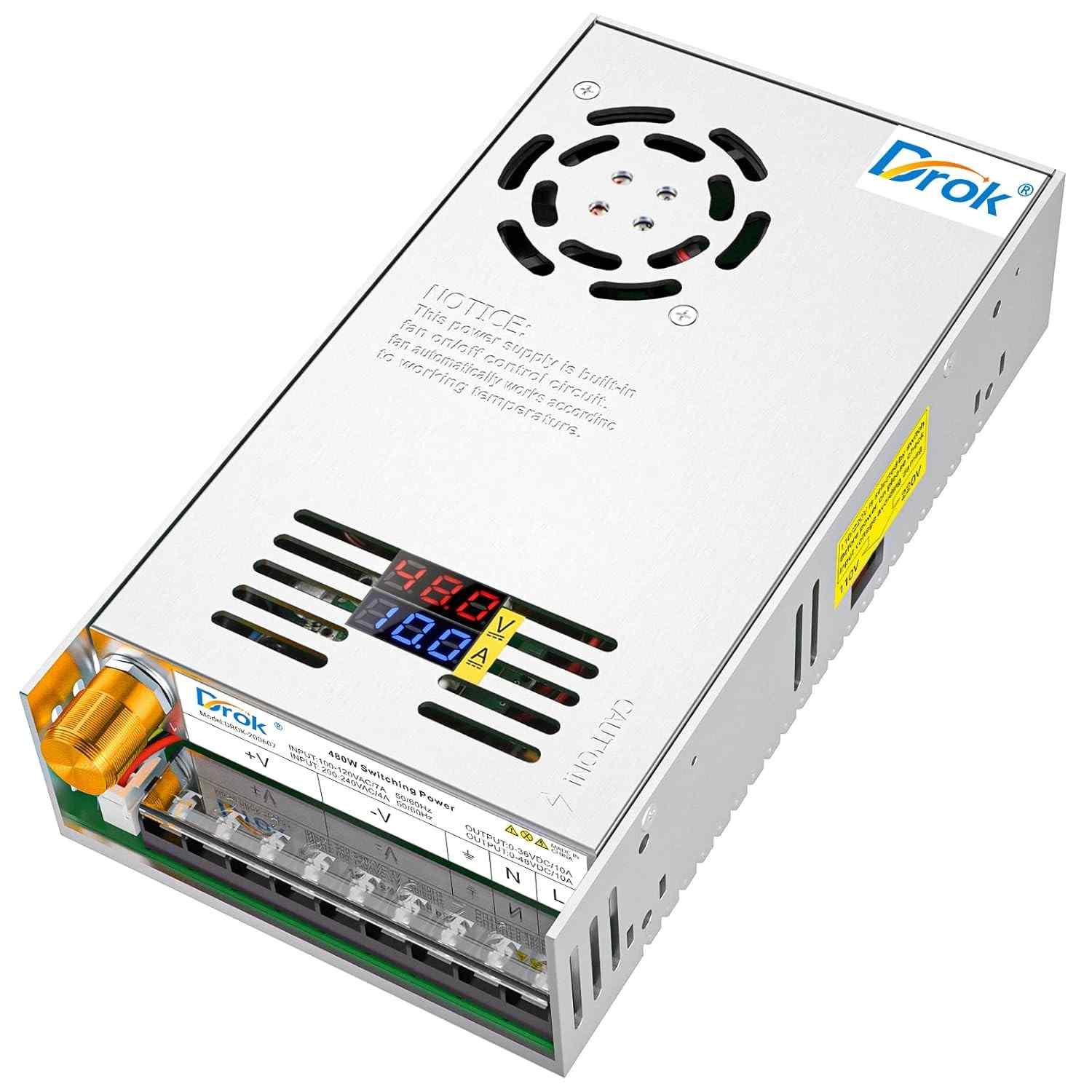 Fonte de Alimentação 48V DROK: Potência Ajustável 110V/220V AC para 0-48V DC 10A 480W - Ideal para Diversos Dispositivos