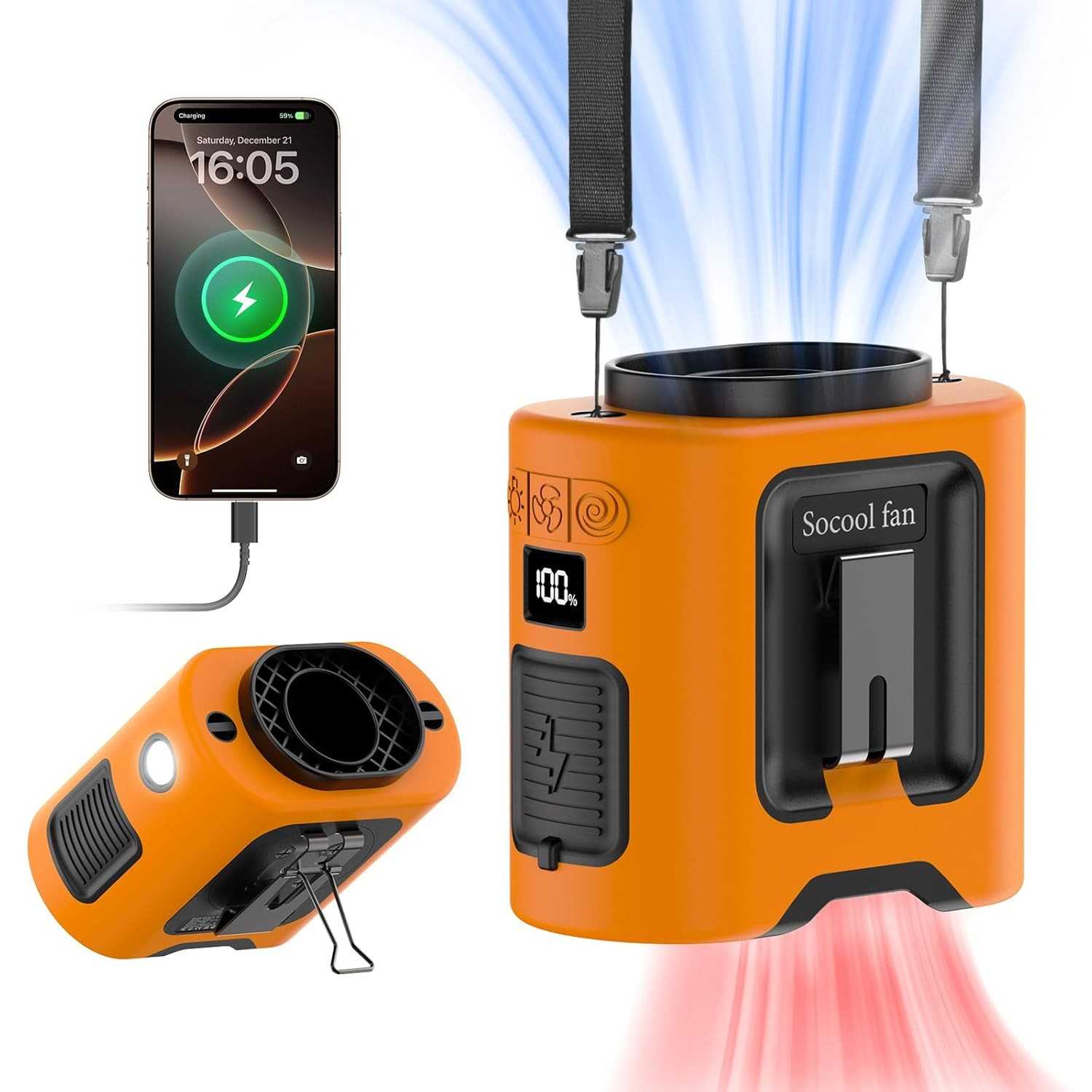 Socool Ventilador de Cintura Portátil com Clipe 360°, 5 Velocidades, Bateria 14500 mAh, Resfriamento Pessoal com Função Carregador