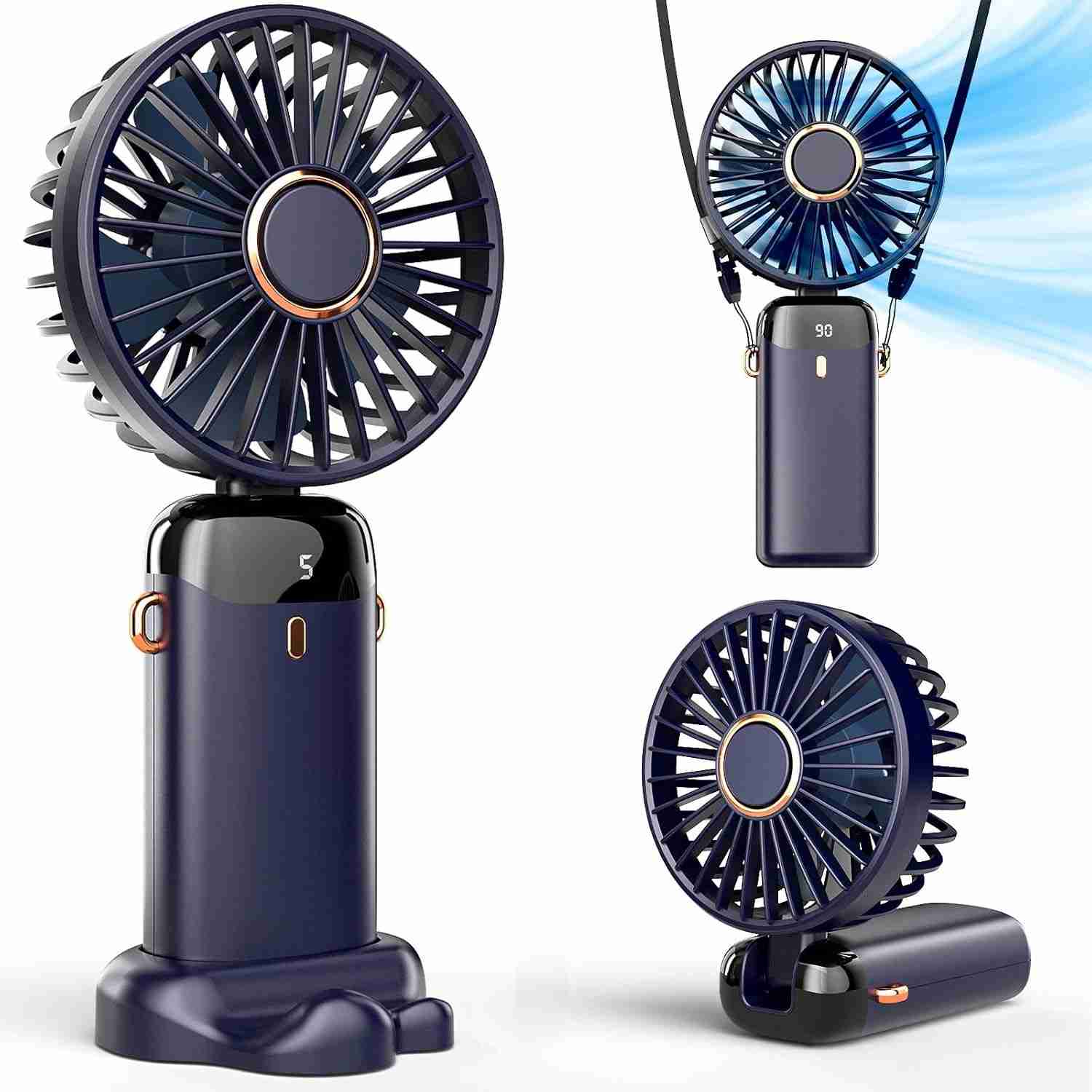 Koonie Ventilador Portátil Recarregável com Display Digital | 5 Velocidades, 90° Ajustável, Ideal para Ambientes Internos e Externos