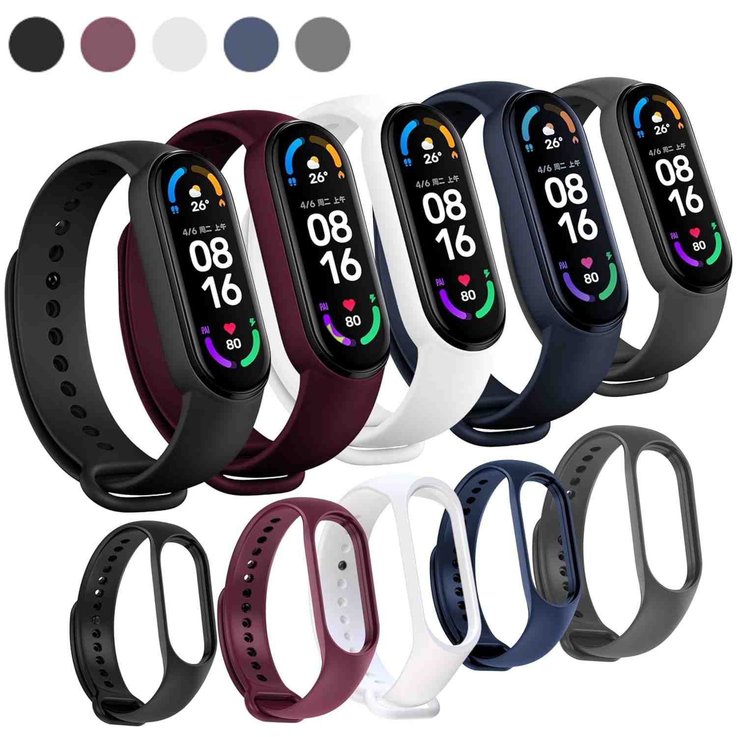 Kit 5 Pulseiras Para Smartband MI Band 7 Cores Preta Azul Cinza Vinho Marsala e Branco com Pino Resistente Feita em Silicone