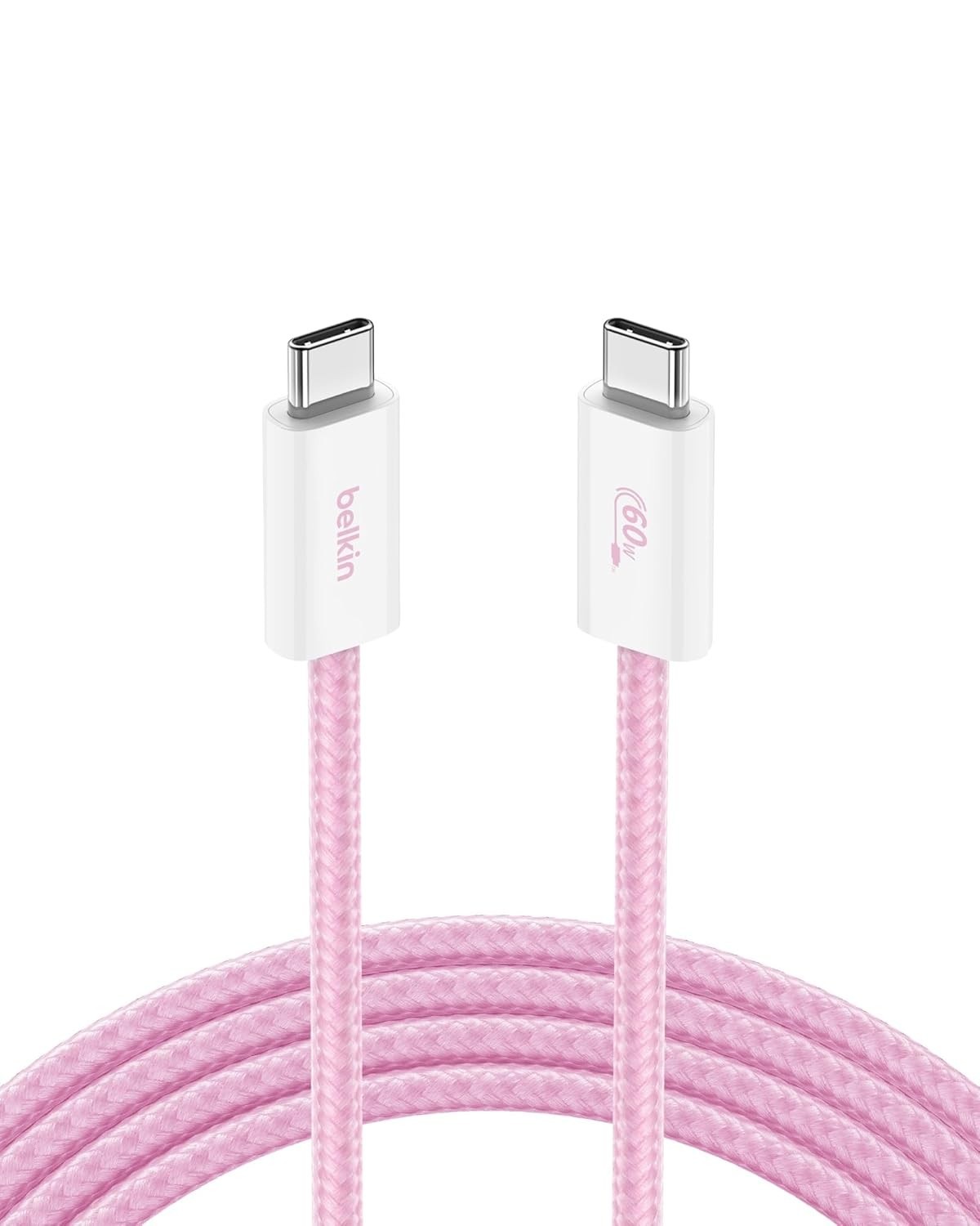 Cabo Belkin USB-C para USB-C Trançado 2M 60W Rosa - Carregamento Rápido e Durável
