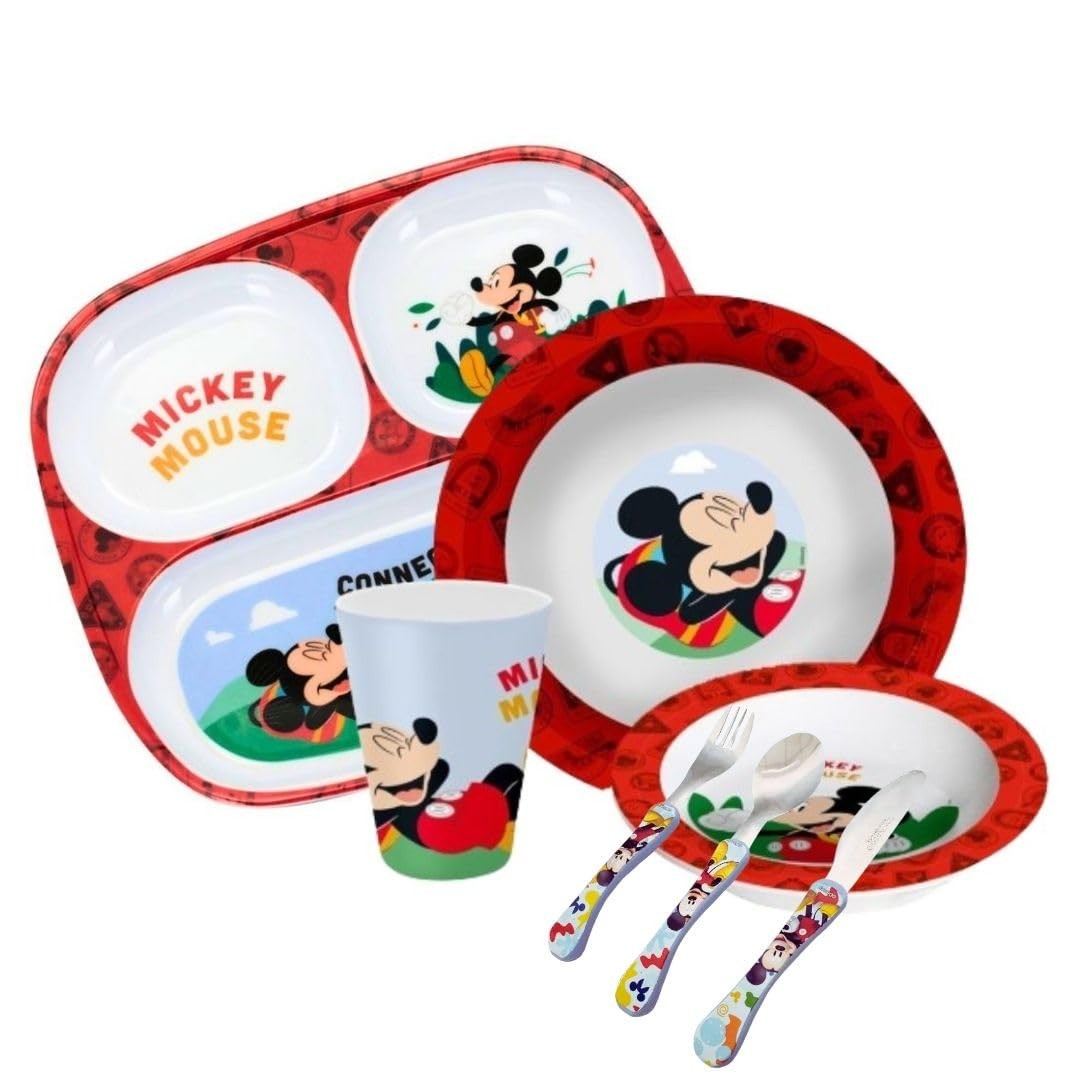 Kit Refeição Infantil Melamina Mickey Disney 7 Peças - Pratos, Tigela e Copo Resistentes