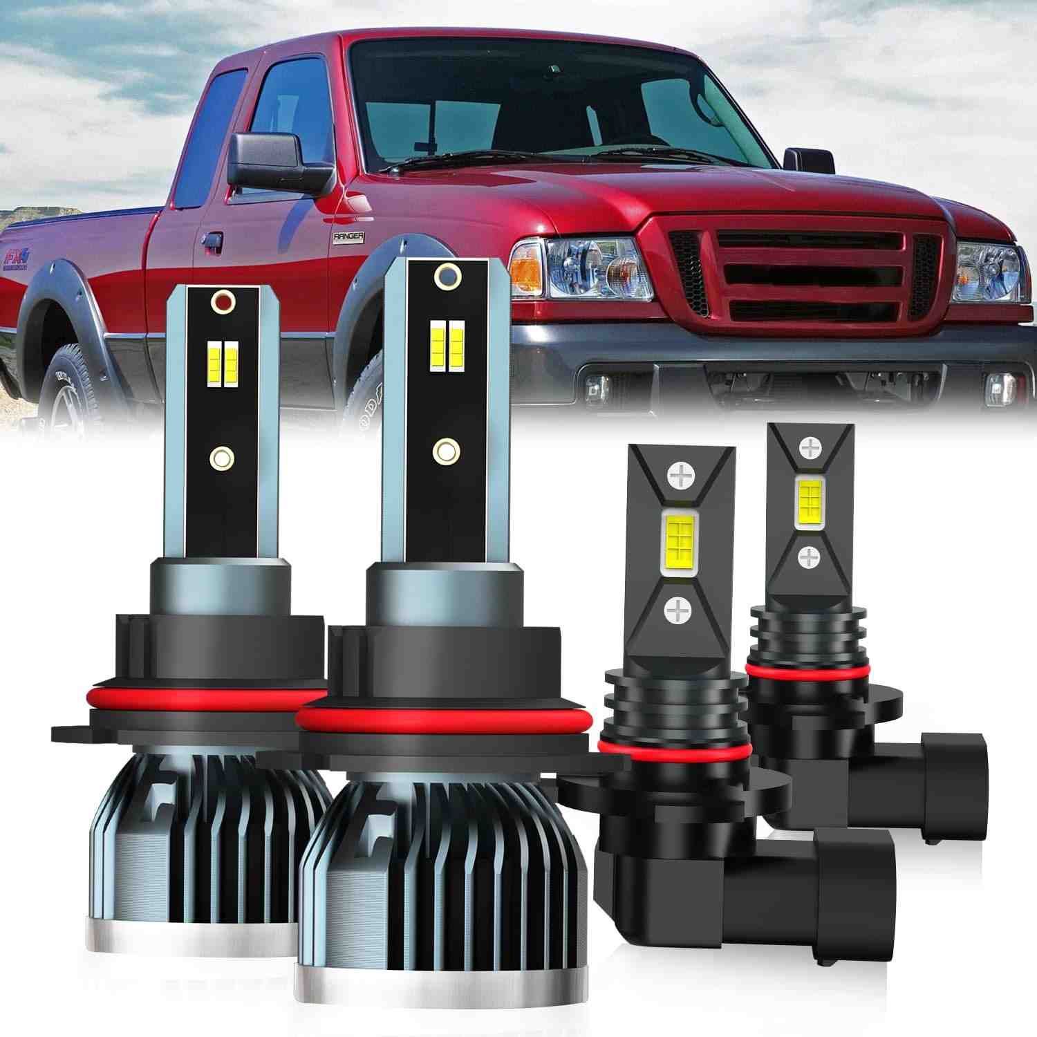 Kit 4 Lâmpadas LED Ford Ranger 2001-2011: Farol Alto/Baixo 9007 + Neblina 9145 - Super Brilho 6500K