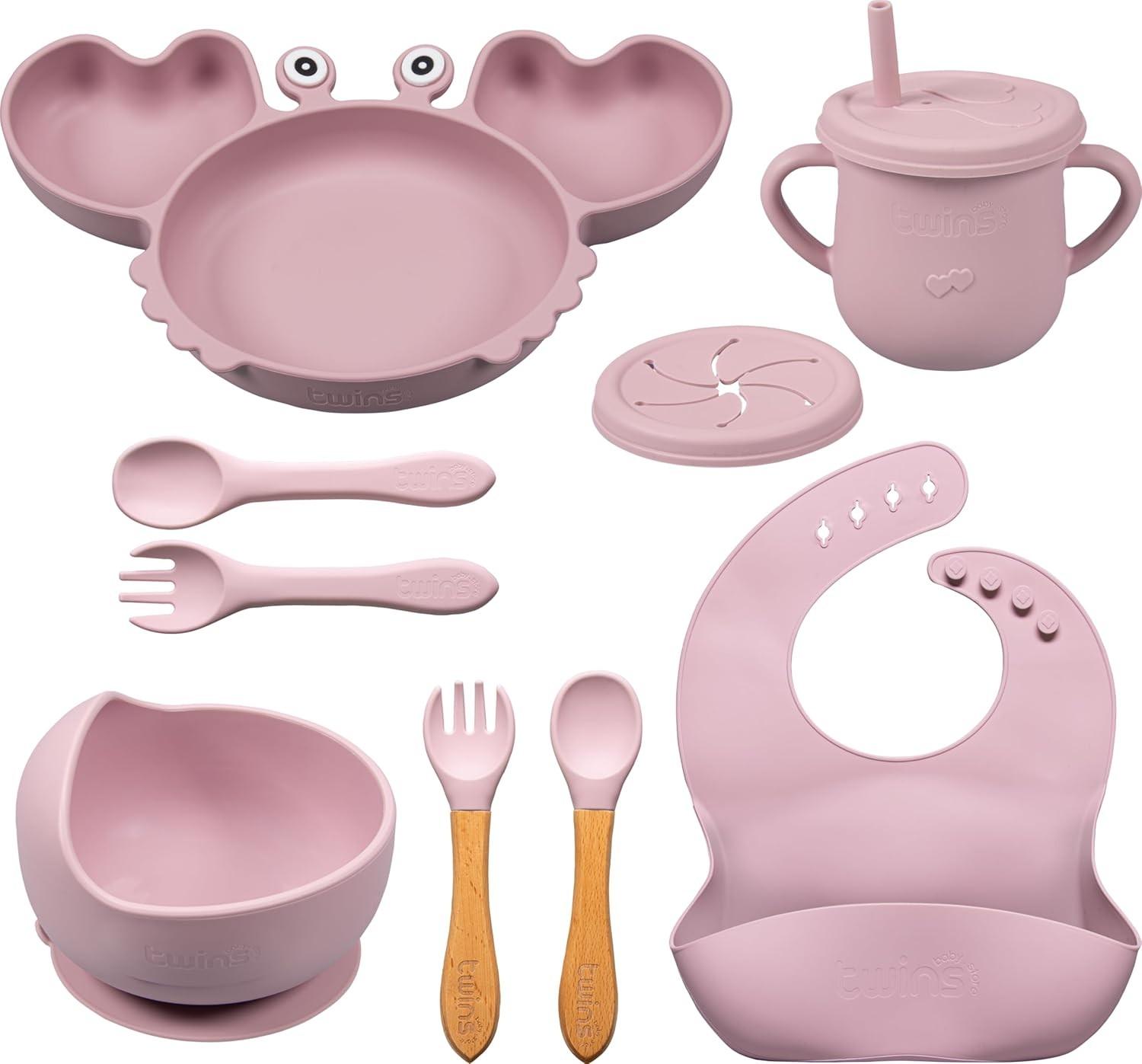 Kit Alimentação Bebê Silicone Rosa - 9 Peças Completo com Prato, Copo e Talheres BLW