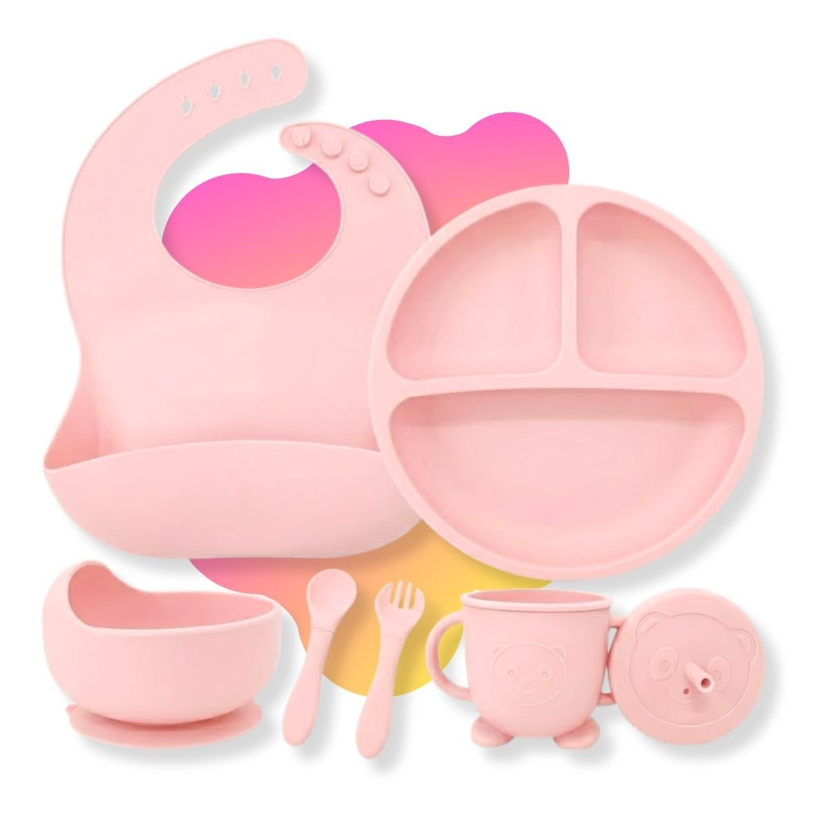 Kit Introdução Alimentação Bebê 6 Peças em Silicone com Ventosa – Colher, Garfo, Copinho e Pratinho Atóxicos, Sem Pontas, Livre de BPA - Qualidade Premium (Rosa Claro)