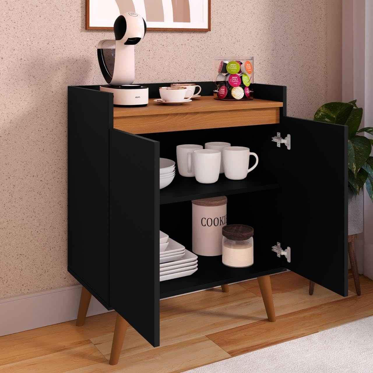 Armário Aparador Cantinho Do Café 2 Portas com Prateleira – Design Moderno em Preto e Freijó