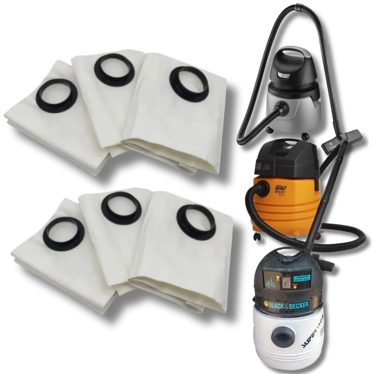 Kit 6 Sacos Aspirador de Pó Descartável Compatível com Electrolux A9 A10 A10T A10 SMART A13 Black+Decker LAS1100 WAP ST10