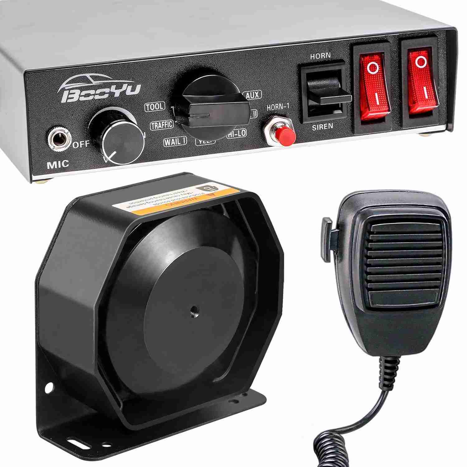 Sirene Automotiva BooYu 200W 12V: Alarme Potente com 9 Tons e Microfone para Veículos de Emergência e Trabalho