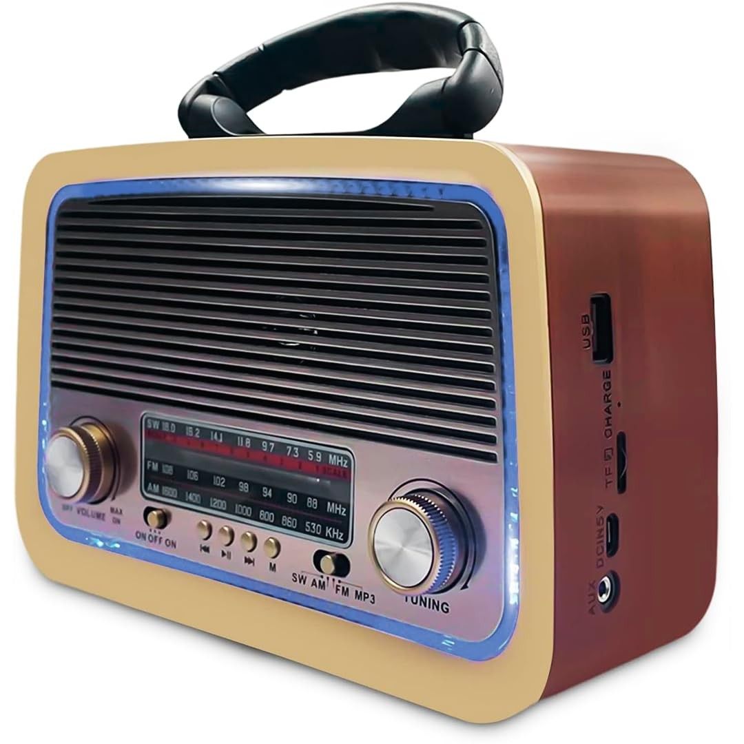 Rádio Vintage Bluetooth Madeira: Som Retrô com USB, Aux e FM/AM Portátil