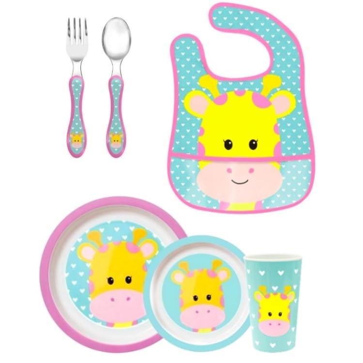 Kit Alimentação Bebê Girafinha 6 Peças - Buba Original com Prato, Talheres e Babador