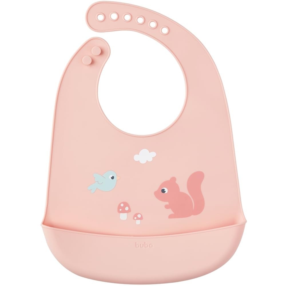 Babador em Silicone com Pega-Migalhas Cloudy Rosa - Fecho Ajustável e Lavável
