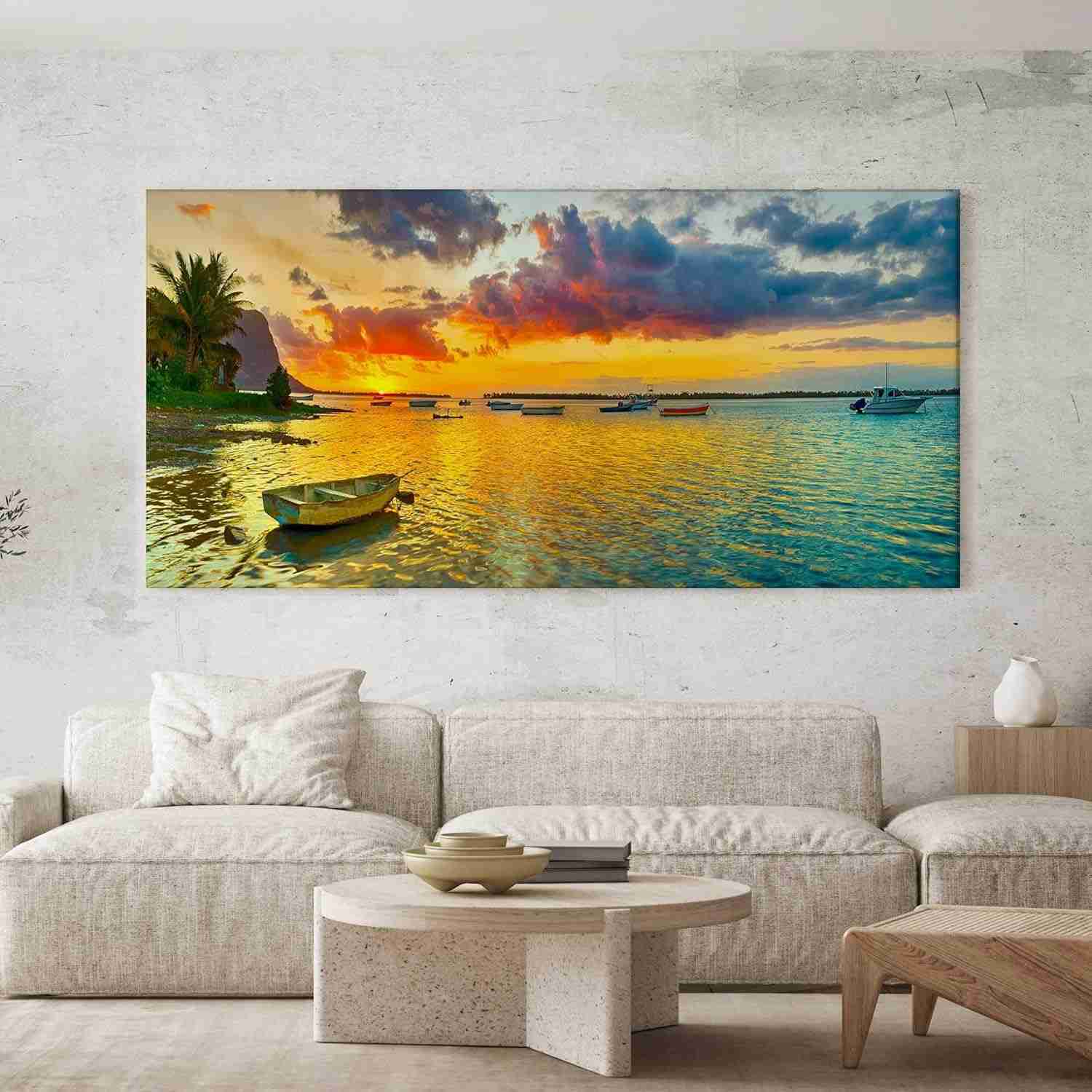 Quadro Decorativo Barcos na Praia 130x70cm - Paisagem Marítima em Alta Definição para Sala, Quarto ou Hall