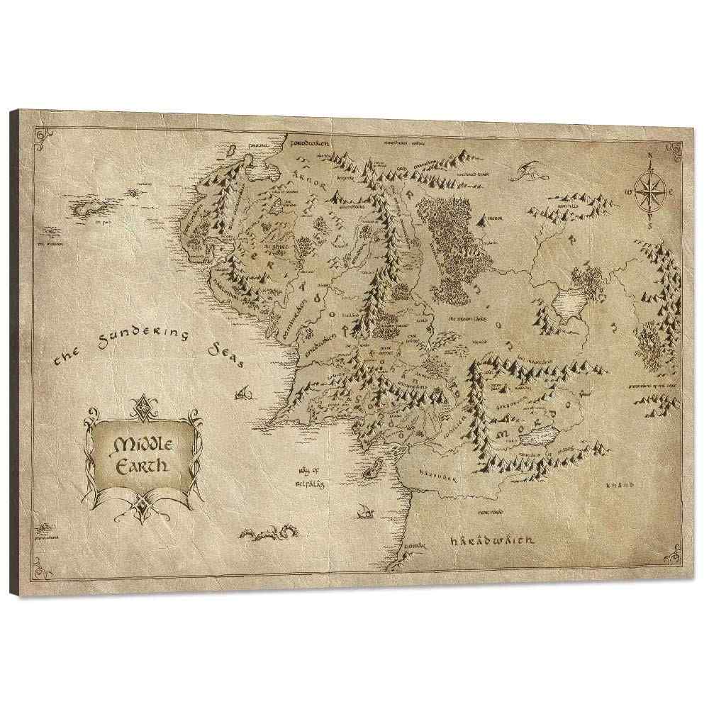 Yatsen Bridge Arte de Parede Vintage Mapa da Terra Média - Pintura em Tela HD para Decoração de Sala, Quarto e Escritório