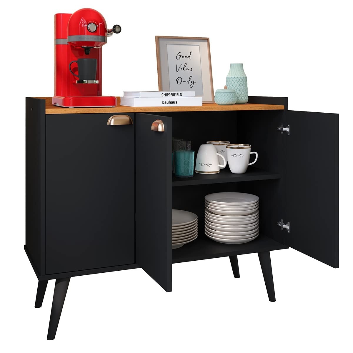 Aparador Balcão Buffet 3 Portas com Prateleira Puxador Concha (Preto/Cinamomo) - Design Moderno para Ambientes Sofisticados